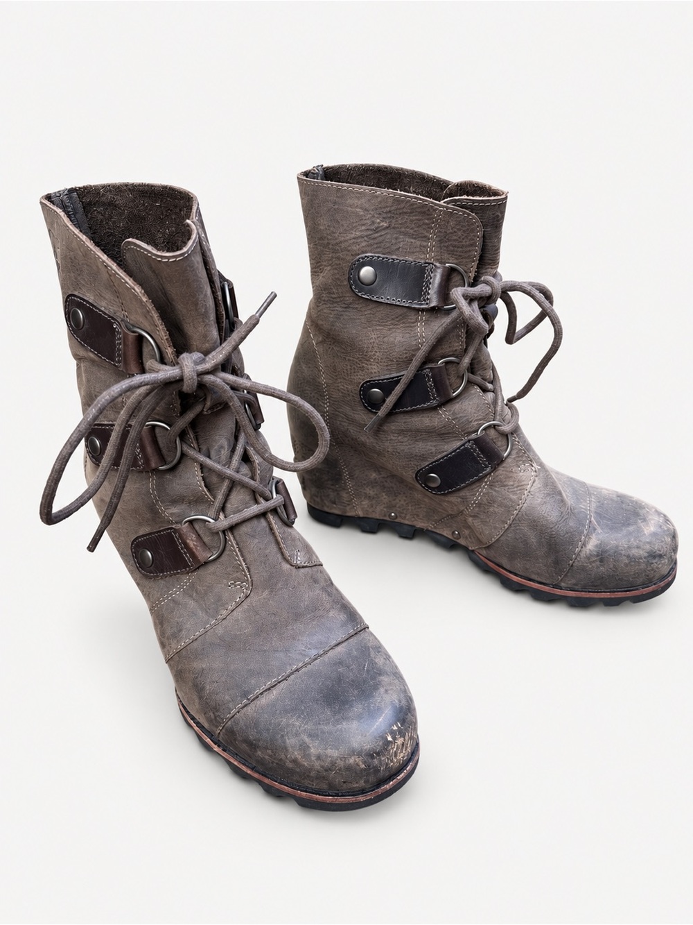 SOREL Joan of Arctic Wedge Mid Waterproof Leather Boots Grill Grey Brown Women's